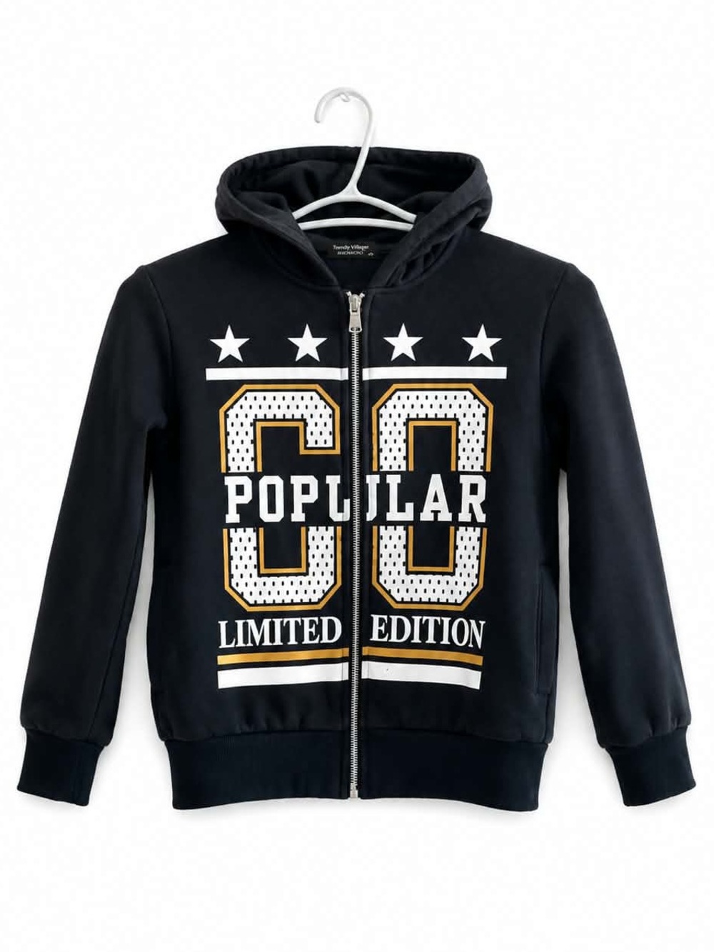 4/$20➡️ Navy Blue 'Popular 00' Zip-Up Hooded Sweatshirt – Size 8 Boys EUC